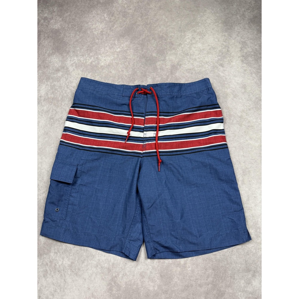 Chaps Swim Trunks Mens Medium Navy Board‎ Shorts Red White Stripe Mesh Lined
